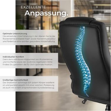 Офісний крісло Tectake, крісло для шефа, поворотне крісло на колесах, комп'ютерне крісло, регульоване по висоті, ергономічне крісло з екошкіри, з підлокітниками та функцією гойдання, 12 см підкладки - чорне