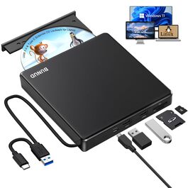 Зовнішній DVD-навігатор та CD-привід BUNUD для Windows 11, Mac, MacBook, PC: USB DVD-записувач та плеєр з картридером SD/TF та 2 USB-портами