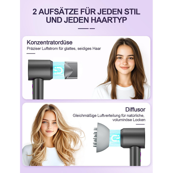 Іонний фен DMTIVMG з потужним мотором 150 000 об/хв, 200 млн негативних іонів, 4 температурні режими, 3 швидкості, швидке сушіння, магнітне сопло, тихий