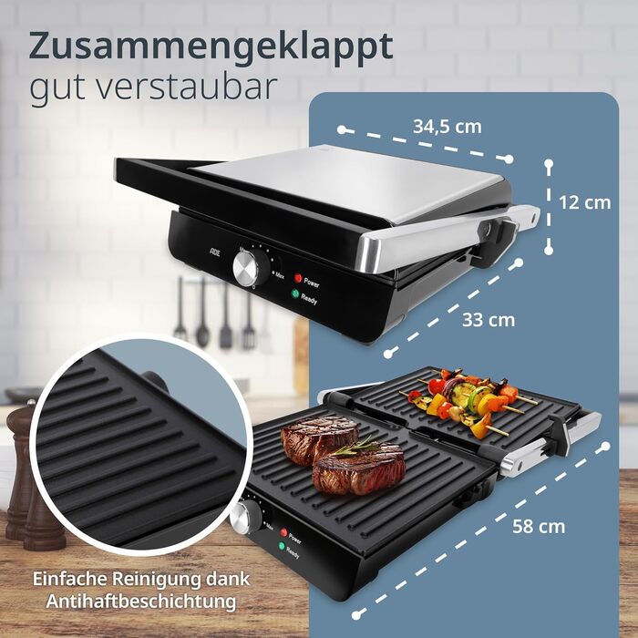 ADE Contact Grill 2.000 Watt | Non-stick coated sandwich maker 3 in 1 | Panini toaster & table grill electric 180° foldable | for sandwiches, toast, steaks, vegetables, panini | Stainless steel silver