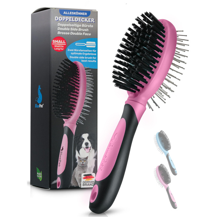 Щітка для собак BluePet 2в1 для довгої та короткої шерсті, для цуценят та котів. Розчісування, вирівнювання, вибирання. Універсальна щітка з щетиною (Рожева, S-M)