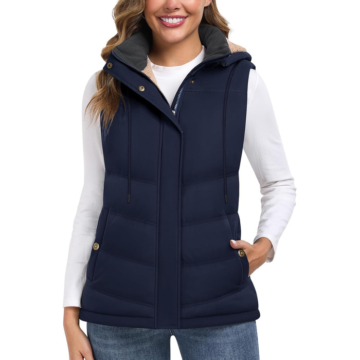 Жіноча степкова жилетка Tuopuda з капюшоном, флісова підкладка, тепла зимова куртка без рукавів, термо жилетка з коміром-стійкою, на блискавці, осінь/зима (темно-синій, XXL)