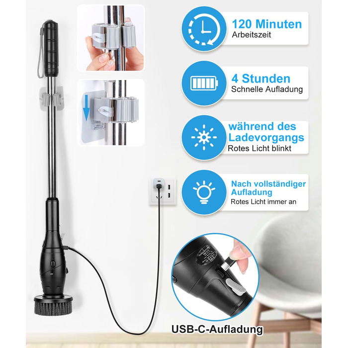 WADEO Electric Cleaning Brush, 17-in-1 Electric Cleaning Brush with Replaceable Brush Heads and Adjustable Handle, Electric Scrub Brush for Bathroom, Kitchen, Car, Tiles, Floor (Black)