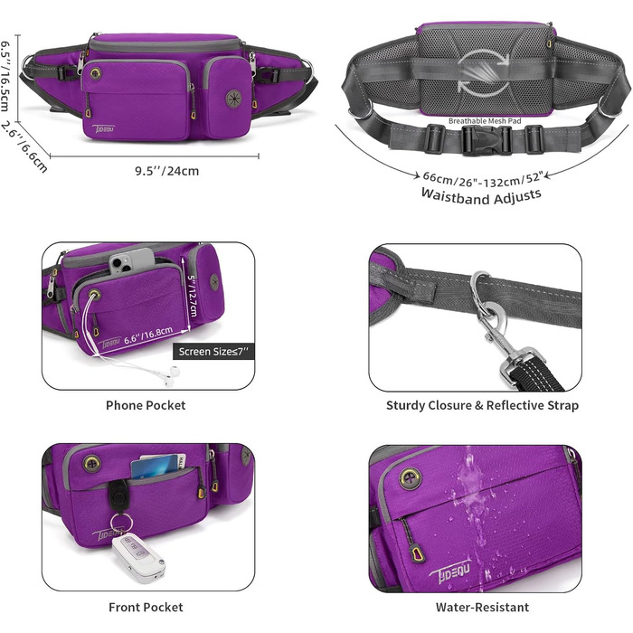 Сумка на пояс для прогулянок з собакою TUDEQU, велика, водостійка, для чоловіків та жінок, підійде для хайкінгу, подорожей, велоспорту та тренувань (фіолетовий)