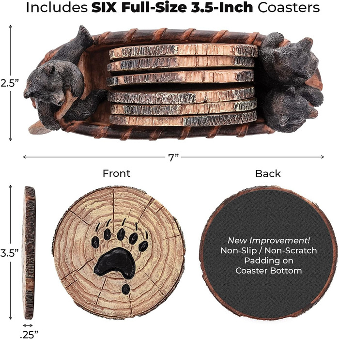 Bear Coasters Set of 6 Rustic Full Size Coasters in Handmade Canoe with Adorable Black Bear Figurines