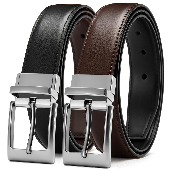 Чоловічий шкіряний ремінь CHAOREN, ремінь для чоловіків, реверсивний, чорний/коричневий, 32 мм, для костюма, бізнесу та формальних заходів (срібна блискавка, розмір пояса 108 см)