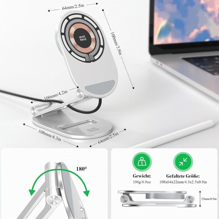 Магнітна бездротова зарядна станція Minthouz 20W USB-C: регульована підставка з алюмінію для iPhone 16, 15, 14, 13, 12 та AirPods Pro