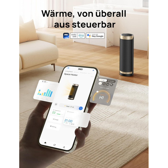 Електричний обігрівач Dreo 2000W з термостатом та Wi-Fi, 16 дюймів, 3 режими, 3 швидкості, 12h таймер, для спальні, золотий