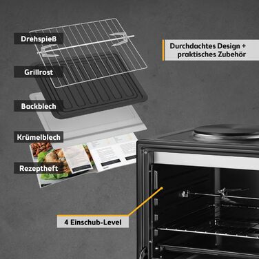 Міні-піч TZS First Austria 45L з плитами 3200W - піч для піци з антипригарним покриттям та 4 рівнями для запікання