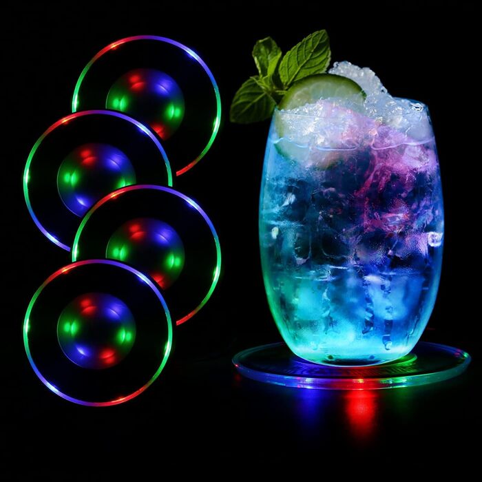 MEDOYOH Cool White LED Coasters, Glowing for Drinks, ON/Off Switch, Drink Coaster Set, Waterproof Acrylic Coasters Round for Glasses Bottles Parties Weddings Bar Christmas Pub (Colorful LED Coasters, Set of 4)