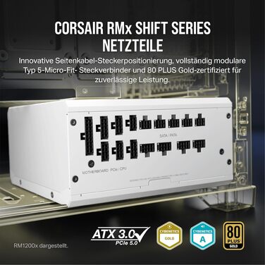 Блок живлення Corsair RM1000x Shift 1000W White, ATX 3.1 & PCIe 5.1, 80 Plus Gold, повністю модульний, бічний інтерфейс підключення, Zero RPM