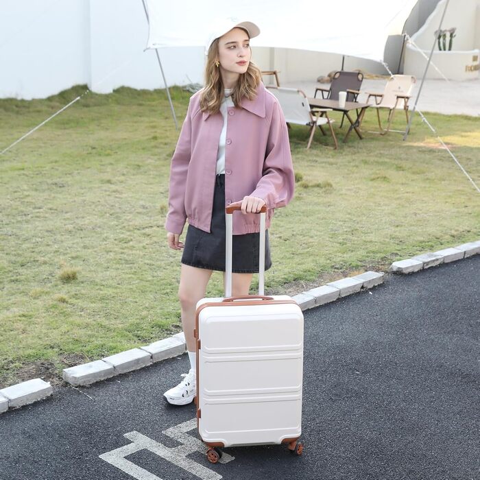 This suitcase trolley hard shell carry-on luggage with twin wheels, lightweight ABS cabin trolley, travel suitcase with combination lock, 55cm (Cream White)