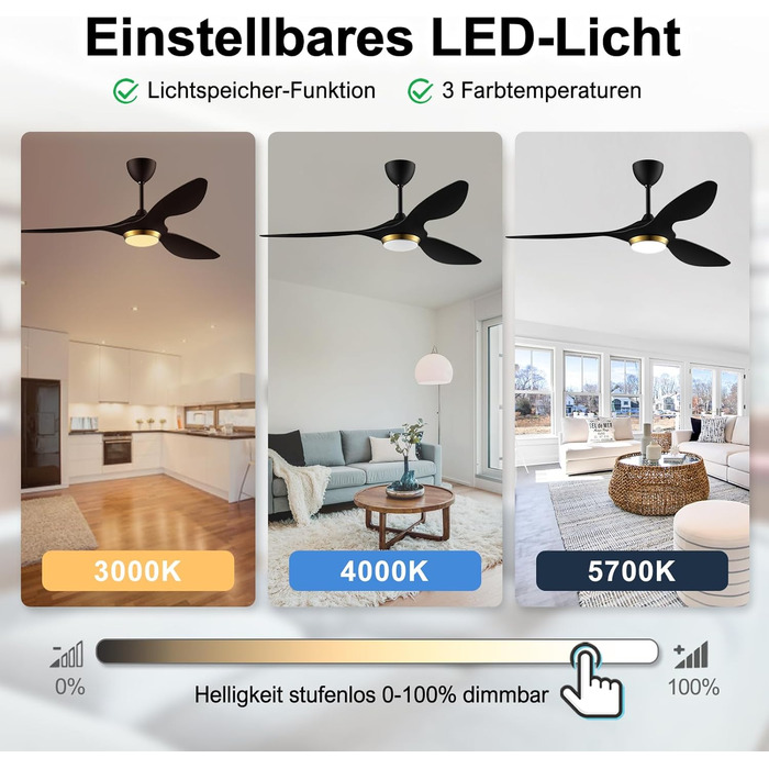 Стеляний вентилятор Reiga з підсвічуванням та пультом керування, 132 см, тихий реверсивний двигун, 6 швидкостей, таймер, регулювання яскравості та 3 колірні температури, коричневі лопаті (чорно-золотий колір)