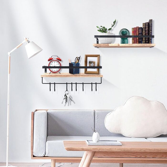 Настінна полиця з дерева, 2 шт. у наборі, рустикальний стиль, з тримачем для рушників, світло-коричневого кольору, для спальні, вітальні, ванної кімнати, кухні, офісу