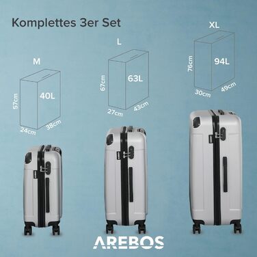 Набір валіз Arebos 3шт. з ABS-пластику | Trolley валізи | Валіза на колесах з телескопічною ручкою | З замком-блискавкою, 360° колеса | Розміри M-L-XL | Рожево-золотий (Срібний)