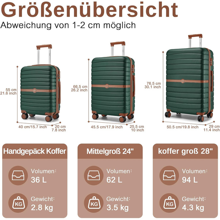 Чемодан KONO Reisekoffer Trolley 3-частинний з ABS+PC, жорсткий, з подвійними колесами та кодовим замком (великий 76 см, темно-зелений/коричневий)