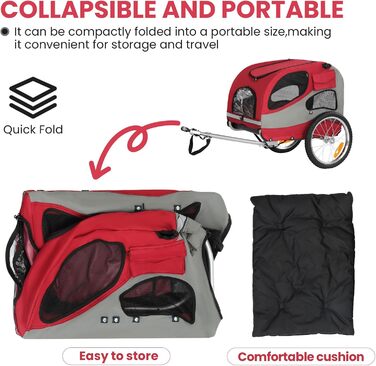 Причіп для велосипеда для собак, складаний, з відбивачами безпеки, сумкою для зберігання, м'яким внутрішнім простором та страхувальними повідками, для собак до 30 кг, червоний