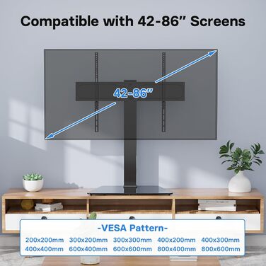 Підставка для телевізора BONTEC, регульована по висоті, універсальна, для LCD, LED, OLED, 42-86 дюймів, поворотна, скляна, до 50 кг, VESA 800x600 мм