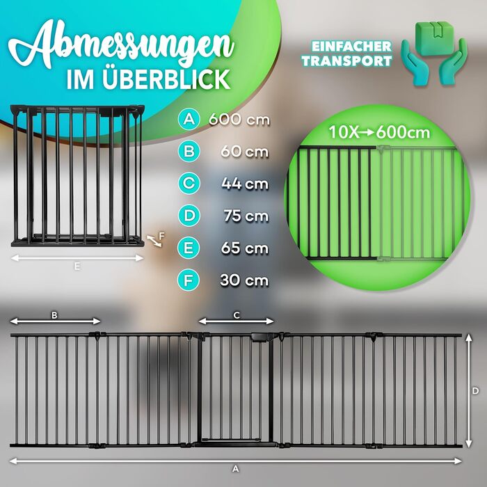 Захист каміну KIDUKU®: металеві сітки з дверцятами, 600 см | Захисні сітки для каміну, складні | Сітки для конфігурації (10 елементів), чорний колір