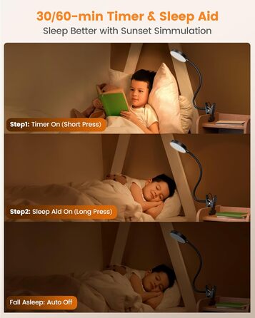 Світлодіодна приліжкова лампа Glocusent з кліпсою, 72 LED, 3 кольори світла, 5 рівнів яскравості, нічник, таймер, захист очей, для читання, роботи (чорна з пультом)