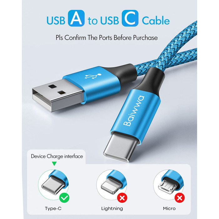 Кабель USB-C на USB-A 6м, блакитний, нейлон - для Samsung, iPhone, Redmi, Pixel