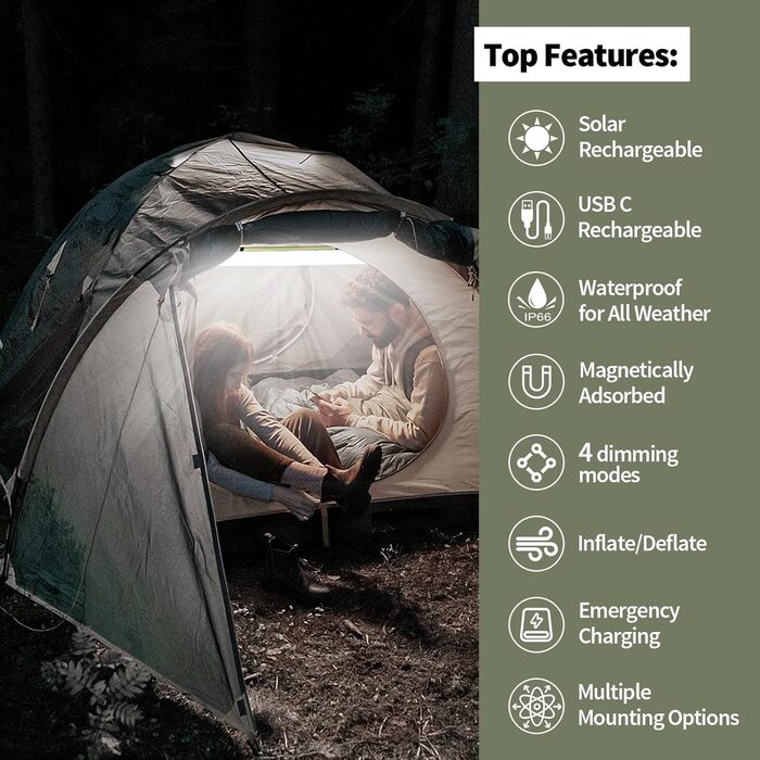 Qoolife LED Camping Lamp Rechargeable, Foldable Solar Camping Light Power Bank with 2 Charging Methods, Rechargeable Camping Lamp with Magnetic Attachment, Waterproof for Camping 85 cm