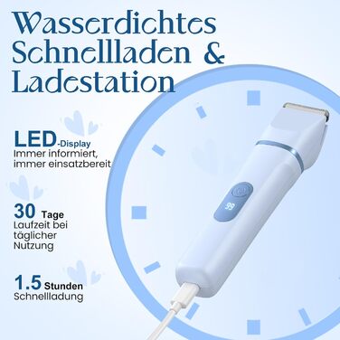 Електричний жіночий триммер 3-в-1 для тіла та інтимної зони з LED-дисплеєм, IPX7, USB, (Блакитний)