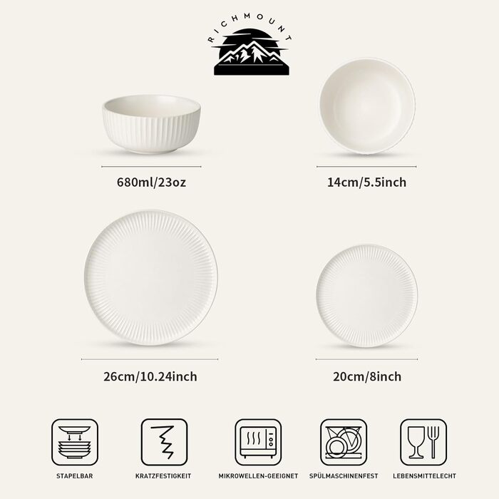 Набір посуду Starlight, 18 предметів: тарілки для 6 осіб, рельєфний, мікрохвильова піч та посудомийна машина, анти-подряпини, реактивна глазур, матовий бежево-білий