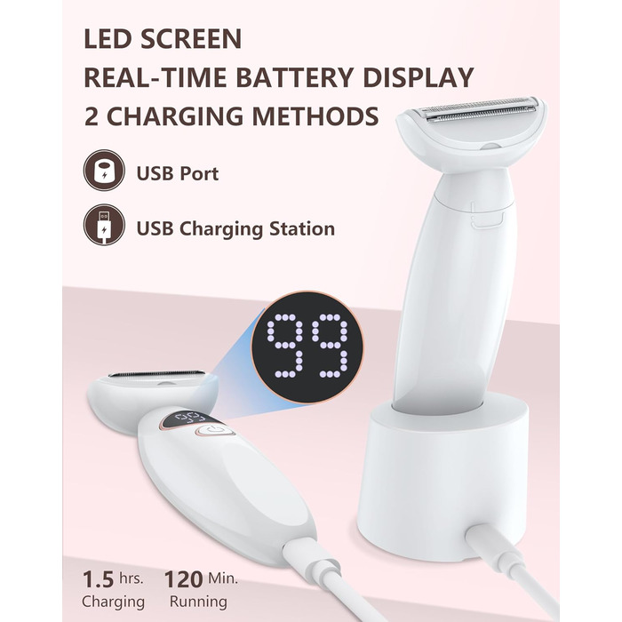 Електричний жіночий тример 3-в-1 для тіла, обличчя, бікіні та ніг. Вологостійкий IPX7, USB-зарядка, білий