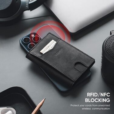 Чоловічий шкіряний картхолдер VULKIT з RFID захистом, чорний - Slim Wallet для 10 карт