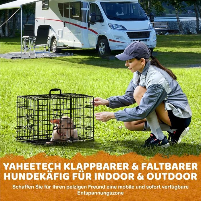 Клітка для собак Yaheetech 107x66x74.5 см, розкладний вольєр з перегородкою, 2 двері, висувна підставка, чорна, XL