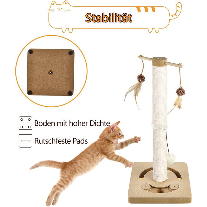 Котяча кігтеточка AUSCAT з іграшками, 63 см, бежева. Кігтеточка-стовп з натурального сизалю в сучасному дизайні