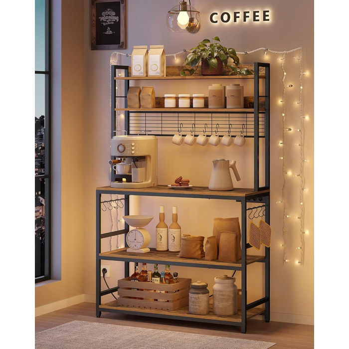 Стелаж кухонний VASAGLE з розетками, для мікрохвильової печі, з решіткою, 14 гачків, антрацит-чорний (40 x 100 x 170 см, Вінтаж-коричневий + Чорний)