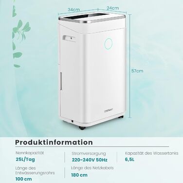 Відбійник повітря COSTWAY з 4 режимами, 5л резервуар для води, таймер 24 години, шланг для зливу, LED-дисплей, для приміщень до 250м³ (100м²), 25л/день