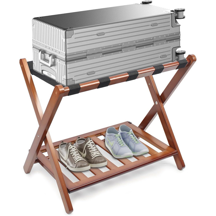 Fully assembled white luggage rack, improved bamboo, foldable suitcase stand with 5 nylon straps, luggage rack with shelf for guest rooms, hotel (white luggage rack, 1 piece) (1 x Walnut)