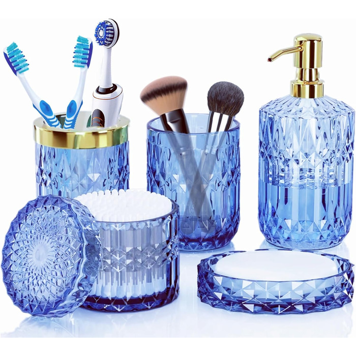 Набір аксесуарів для ванної кімнати Qivine 5 шт., блакитний: стакан для зубної пасти, дозатор мила, контейнер для ватних паличок. Сучасний набір скляних аксесуарів для ванної кімнати