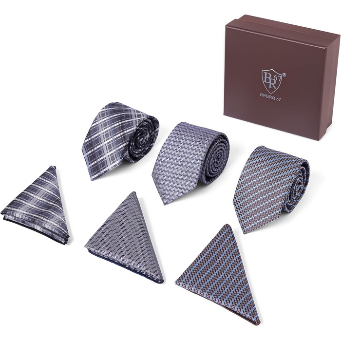 Набір краваток для чоловіків 3 шт. + 3 кишенькові хустинки | Подарунковий бокс для чоловіків | Класичний подарунок на весілля | Кольори: фіолетовий, сірий, блакитний