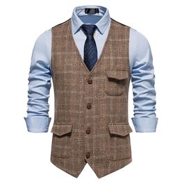 Чоловіча жилетка в клітинку, формальна, без рукавів, з V-подібним вирізом, твід, для бізнесу та відпочинку, жилетка з кишенею, колір кава