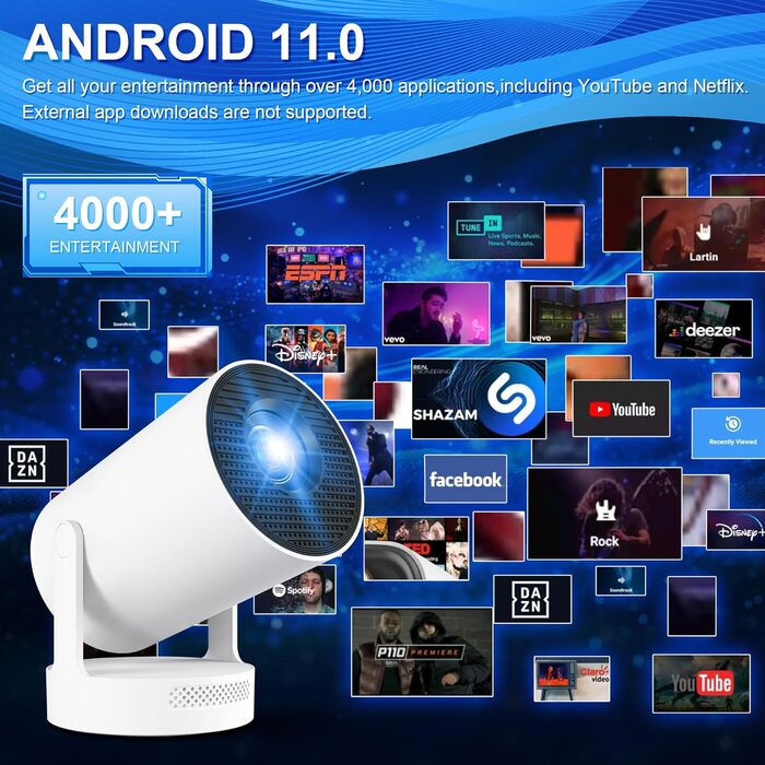 Портативний проєктор 4K з Wi-Fi 6/BT5.0, 170 ANSI люмен, Android 11 (HY300Plus)
