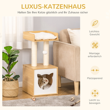 PawHut Cat Cave with Cat House & 2 Cushions, 2 Levels including Cat House, Toy with Ball, Cat Apartment, Sisal, Natural, 35 x 35 x 81 cm | Aosom