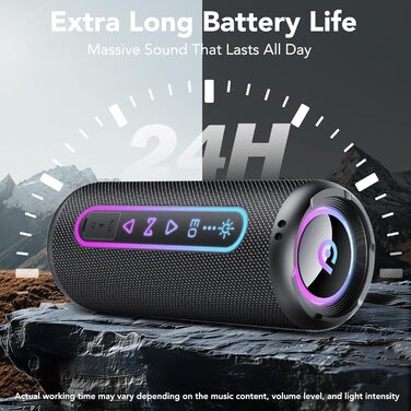 Bluetooth колонка з підсвіткою 25W, Bluetooth 5.4, Dual Bass, 24 год, IPX7 водонепроникна, портативна колонка для вечірок, подорожей, AUX/TF, Чорна