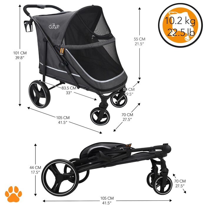 Візок для собак CHAMP XL – візок для великих собак, сірий, з дощиковим покриттям, тримачем для напоїв та місцем для зберігання, до 50 кг