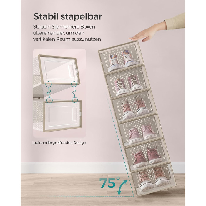 SONGMICS Shoe Boxes, 18-Piece Set, Plastic Shoe Organizer, Foldable and Stackable, for Shoes up to Size 44, Transparent-White LSP18SWT (Transparent + Oatmeal Beige, 18-Piece Set for Shoes up to Size 44)
