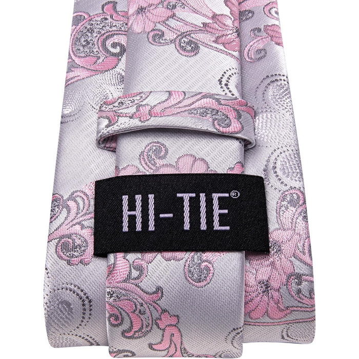 Комплект краватки Hi-Tie: шовкова краватка, нагрудник, запонки та бутоньєрка для чоловіків, срібно-рожевий, для весілля та бізнесу