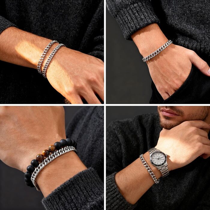 Чоловічий браслет з нержавіючої сталі 2 шт. - браслети для чоловіків срібного/чорного/золотого кольору. Браслет-танцюрист 19/21/23 см. Подарунок для чоловіка, батька, сина, друга, чоловіка, брата. (Срібло (6 мм ширина), 21.0 см)
