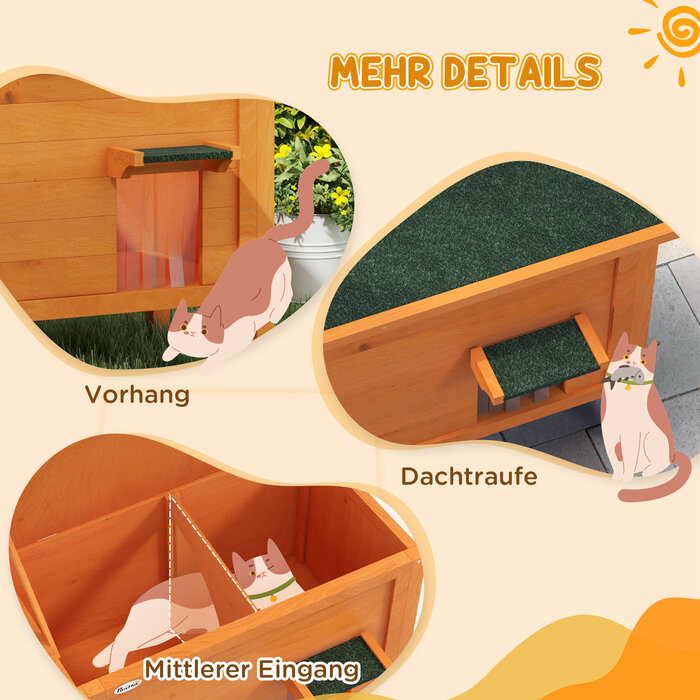 PawHut Wooden Cat House with Door Curtain, Outdoor, Insulated, Elevated Design, for Small Animals, Orange, 60x60x81.5cm | Aosom