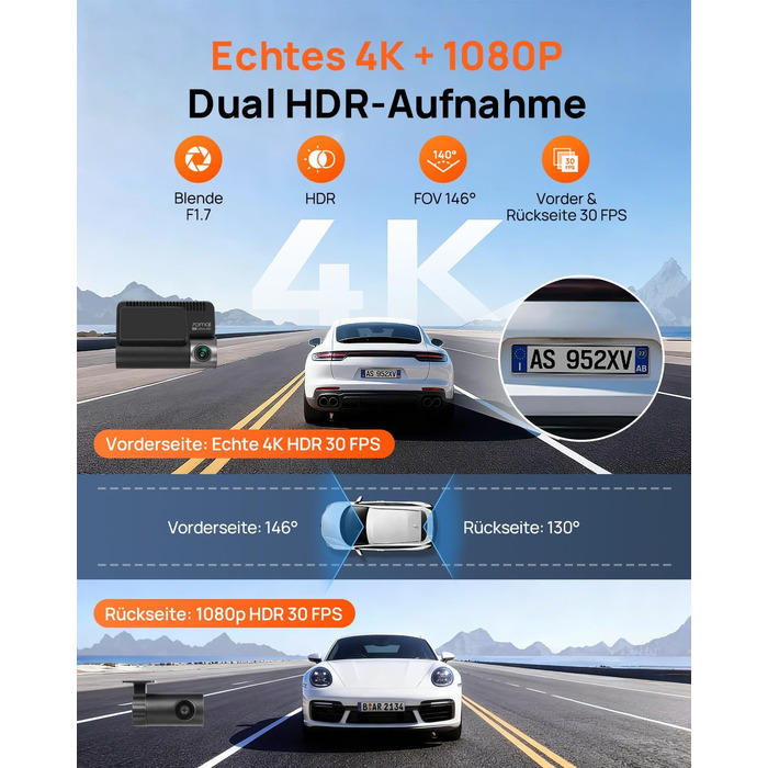 Автомобільний відеореєстратор 70mai A810S 4K HDR Dual Dashcam (передня та задня камери), Sony STARVIS 2 IMX678, Night Owl Vision, 4G LTE, ADAS, паркування 24/7, WiFi, 128GB Micro SD