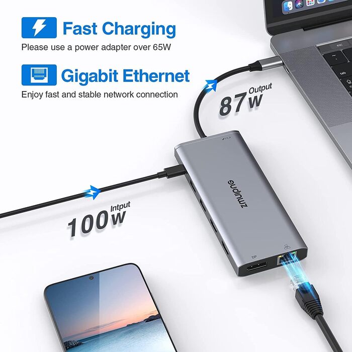 Док-станція USB-C для ноутбука 14-в-1: 2xHDMI 4K, DP, Ethernet, 4xUSB, 100W PD, SD/TF, Audio/Mic. Підтримка Dell, HP, Lenovo та інших ноутбуків.