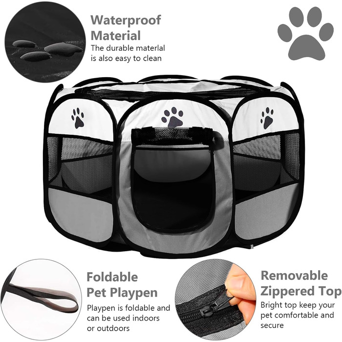 Клітка-забіг для собак та котів, переносний вольєр для тварин, 114x114x58 см, сірий