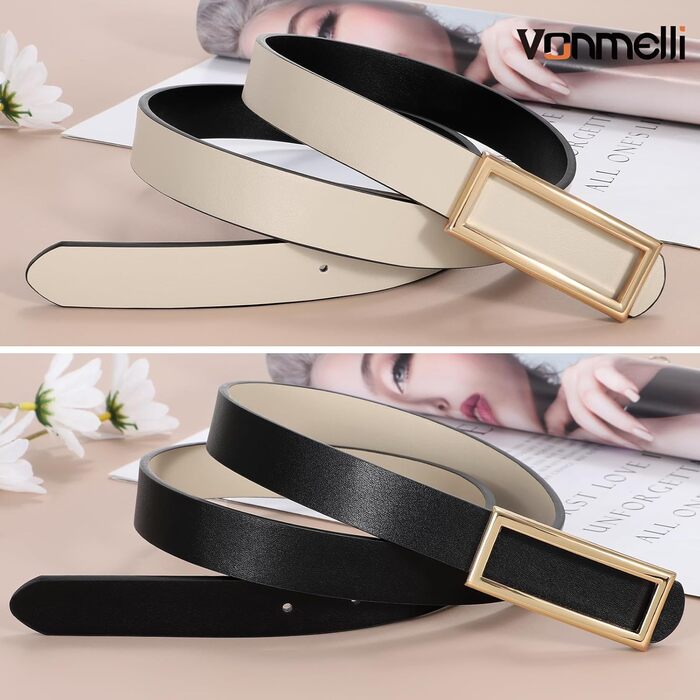 Жіночий ремінь VONMELLI вузький двосторонній шкіряний, чорний/бежевий, 120 см (талія 93-103 см) для суконь, джинсів, штанів із золотою пряжкою